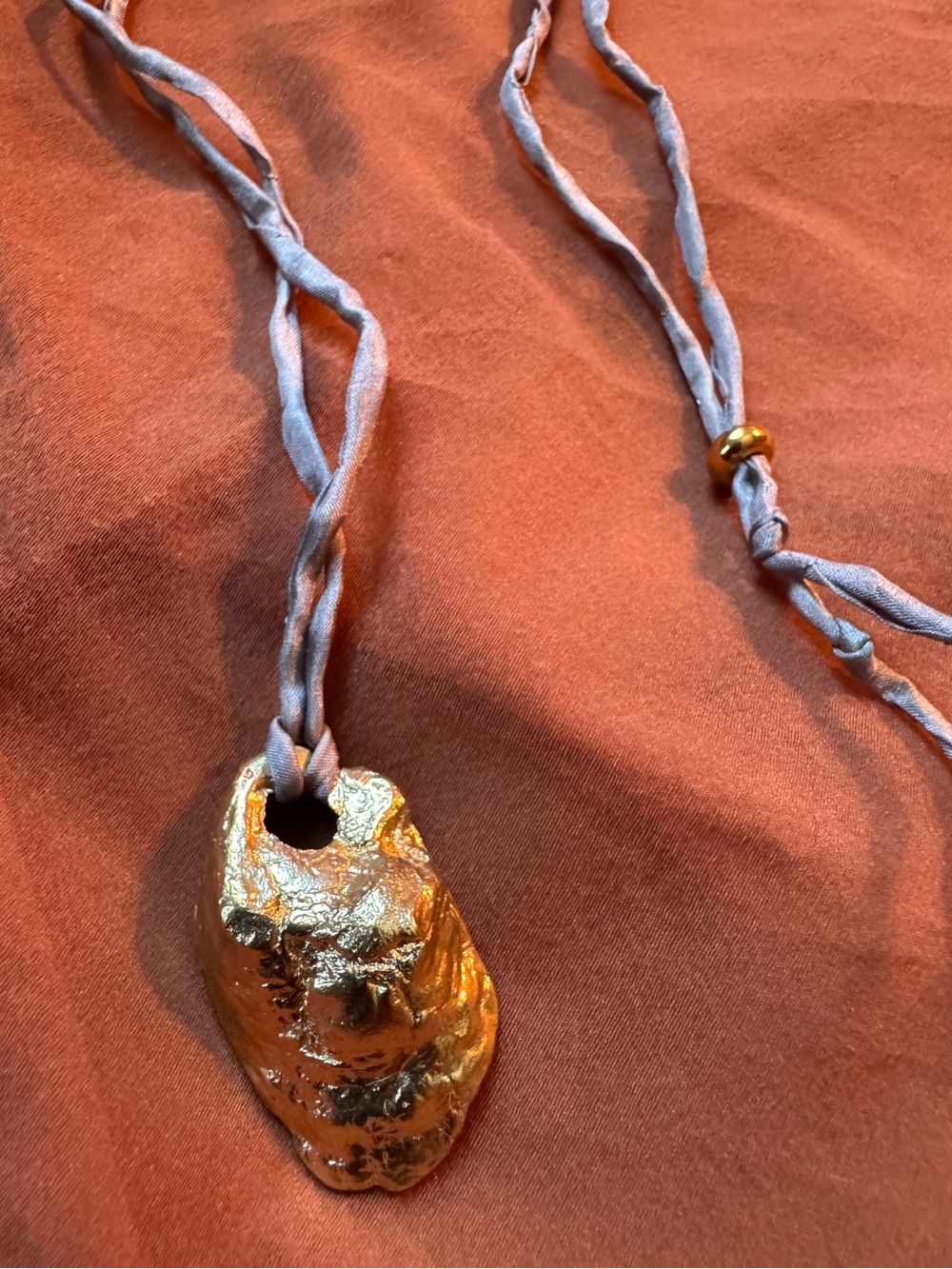Gold brass pendant necklace textured shell beach mermaid on silk hand dyed cord